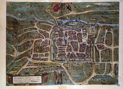 Karta över den tyska staden Weimar. Gravyr från atlasen över "Braun och Hogenberg" 1572 av Georg Braun and Hogenberg Franz