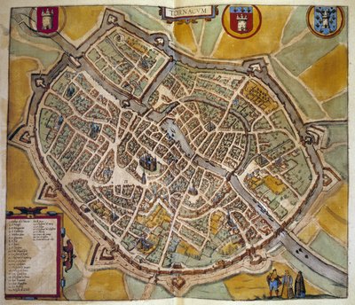 Karta över staden Tours i Frankrike. Gravyr från atlasen över "Braun och Hogenberg"" 1572 av Georg Braun and Hogenberg Franz