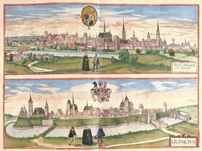Nysa och Legnica (Legnica), Polen (gravyr av Georg Braun and Hogenberg Franz