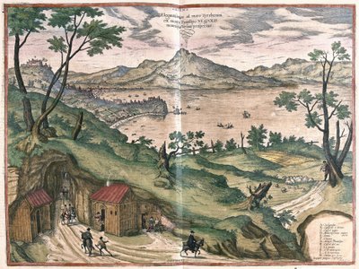 Neapelbukten och Vesuven, Italien, 1579 (gravyr av Georg Braun and Hogenberg Franz