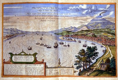 Messinasundet - Kalabrien ligger till vänster medan Messina och Etna ligger till höger på Sicilien. Atlas de Braun och Hogenberg av Georg Braun and Hogenberg Franz