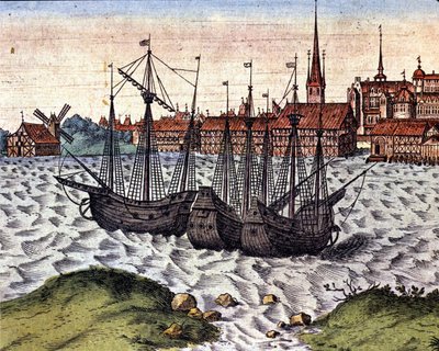 Hamnen i Lubeck efter Theatrum Orbis Terrarum i Braun och Hogenberg. 1600-talet. av Georg Braun and Hogenberg Franz