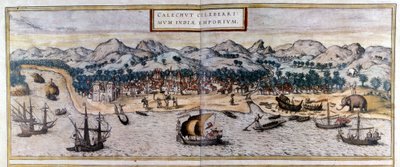 Utsikt över Kozhikode eller Calicut i Indien från Atlas "Civitates Orbis Terrarum" av Braun & Hogenberg av Georg Braun and Hogenberg Franz
