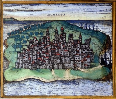 Utsikt över Mombasa eller Mombassa, Kenya under 1500-talet, enligt Atlas "Civitates Orbis Terrarum" av Braun och Hogenberg av Georg Braun and Hogenberg Franz