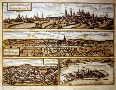 Vy över de tyska städerna Nürnberg och Ulm, Salzburg, Österrike. Gravyr från Atlas över "Braun och Hogenberg" 1572 av Georg Braun and Hogenberg Franz