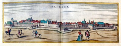 Utsikt över staden Leipzig i Tyskland. Gravyr från atlasen över "Braun och Hogenberg" från början av 1600-talet av Georg Braun and Hogenberg Franz