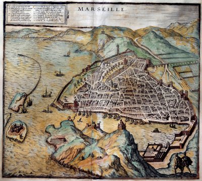 Utsikt över staden Marseille med gatukarta. Gravyr från Atlas de Braun och Hogenberg 1572 Marseille, Musee de la Marine av Georg Braun and Hogenberg Franz