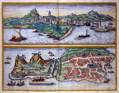 Utsikt över hamnen i Candie (dagens Heraklion) på Kreta och hamnen på Korfu i Grekland Gravyr av George Braun i "" Civitatis Orbis Terrarum""" Volym I skriven av Franz Hogenberg (1535-1590) av Georg Braun and Hogenberg Franz