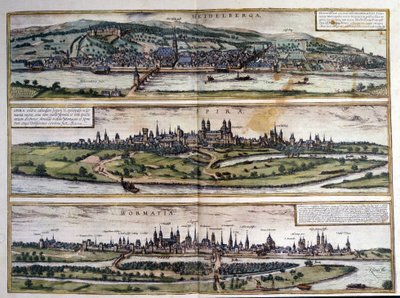 Utsikt över tre städer i Tyskland: Heidelberg, Spire, Worms. Atlas över Braun och Hogenberg. 1550. av Georg Braun and Hogenberg Franz