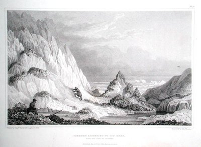 Isberg som fäster vid iskalla rev, med utsikten mot havet, från "Narrative of a Journey to the Shores of the Polar Sea in the Years 1819-22" av Sir John Franklin (1786-1847) graverad av Edward Finden (1791-1857) publicerad 1823-28 (gravyr) av George (after) Back
