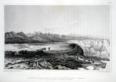 Sjösättning av båtar över ett rev mittemot Mount Conybeare, från "Narrative of a Journey to the Shores of the Polar Sea in the Years 1819-22" av Sir John Franklin (1786-1847) graverad av Edward Finden (1791-1857) publicerad 1823 -28 (färggravyr) av George (after) Back