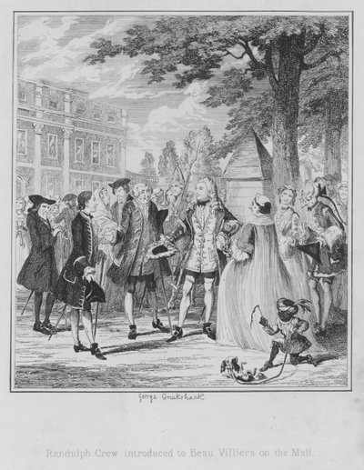 Randulph Crew introducerade till Beau Villiers on the Mall (gravyr) av George (after) Cruikshank