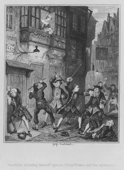 Randulph försvarar sig mot Philip Frewin och hans myrmidoner (gravyr) av George (after) Cruikshank