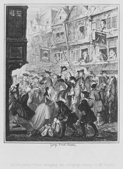 Sir Bulkeley Price tar med sig bolånepengarna till Mr Scarve (gravyr) av George (after) Cruikshank