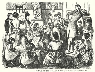 Punch tecknad: Female School of Art (användbar sysselsättning för lediga och prydliga unga män) (gravyr) av George (after) Du Maurier