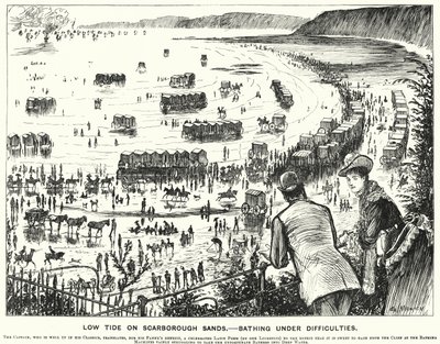 Punch tecknad: Low Tide on Scarborough Sands - Badande under svårigheter (gravyr) av George (after) Du Maurier