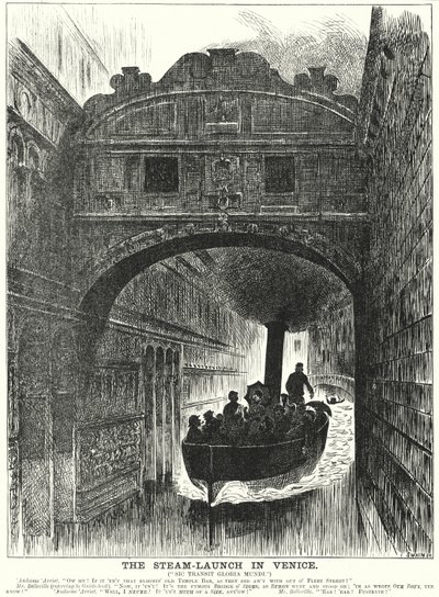 Punch cartoon: The Steam Launch in Venedig (gravyr) av George (after) Du Maurier