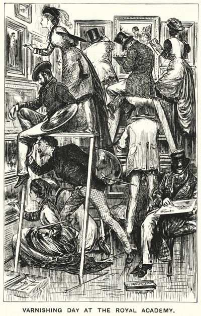 Punch cartoon: Varnishing Day at the Royal Academy (gravyr) av George (after) Du Maurier