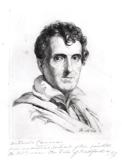 Porträtt av Antonio Canova (1757-1822) 1817 (gravyr) (s/v foto) av George (after) Hayter