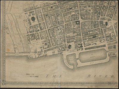 "Den nya och exakta planen för staden och hamnen i Leverpool", från en undersökning, graverad av Thomas Kitchin av George (after) Perry