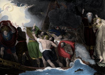 Prospero och Miranda, till höger, står på ön när sjömännen är skeppsbrutna av George (after) Romney