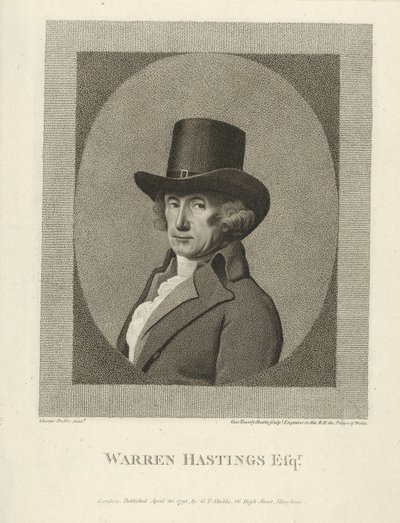 Porträtt av Warren Hastings, Esq., pub. 1795 (gravyr) av George (after) Stubbs