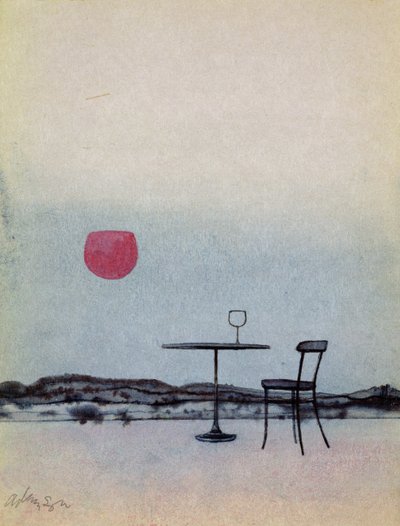 Förskjutet rött vin från glas på bordet utanför blir den nedgående solen (penna med tvätt & gouache på kortet) av George Adamson