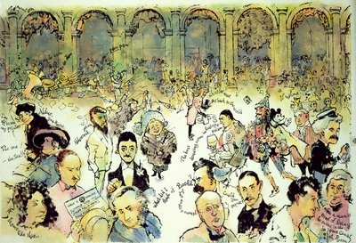 Kända ansikten utanför Florians på Piazza San Marco, Venedig, ca 1990 (gouache på hardboard med bläck på acetatöverlägg) av George Adamson
