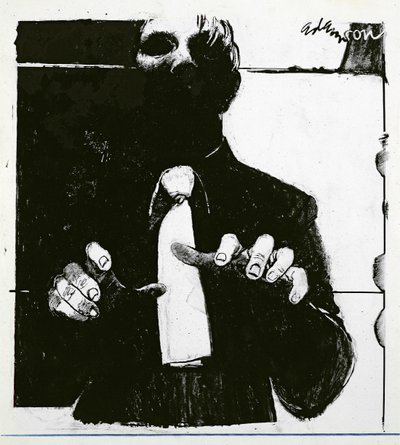 Illustration för Nursing a Blind Patient en artikel i Nursing Times, publicerad 30 oktober 1975 (bläck på acetat) av George Adamson