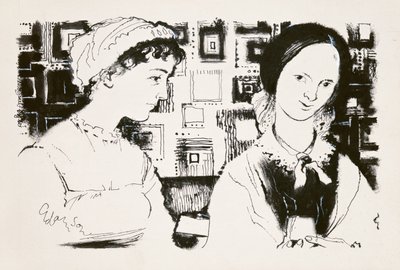 Jane Austen (1775-1817) och Charlotte Bronte (1816-55) - ett imaginärt möte (indisk bläck ombord) av George Adamson