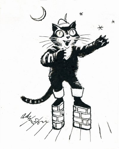 Puss in (tegelväggplattform) stövlar (bläck på genomskinlighet över vitt kort) av George Adamson