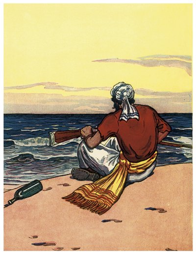 En pirat överger på en öde ö tittar på horisontlinjen Illustration från "The Boys Books of Pirates"" av George Albert Williams (1875-1932) 1914 av George Alfred Williams