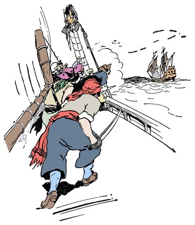 Ett piratskepp som jagar ett skepp Illustration från "Pojkens bok om pirater och de stora sjörövarna"" av George Albert Williams (1875-1932) 1900 av George Alfred Williams