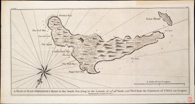 En plan över ön Iuan Fernandes i Söderhavet, belägen på latitud 33d. 40 m. söderut och västerut från kontinenten Chili 110 mil, ca 1750 (gravyr) av George Anson