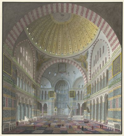 Interiör av Hagia Sofia med knästående och stående turkar av George Antoine Prosper Marilhat