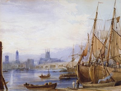 "Old London Bridge and Southwark", c1830 av George B Campion
