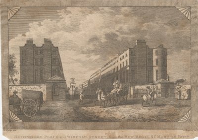 Devonshire Place och Wimpole Street, från New Road, St. Mary Le Bone av George Barret