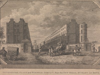 Devonshire Place och Wimpole Street, från New Road, St. Mary le Bone av George Barret