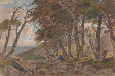 Figurer på stranden av en trädbevuxen gränd, med havet i avstånd till vänster av George Barret Jr.