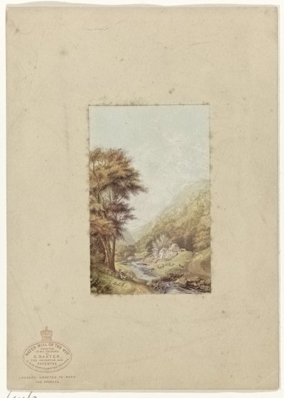 Kuperat landskap med en bäck Water Mill on the Wye (titel på objekt) av George Baxter