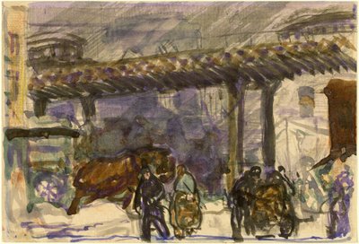 En vinterdag - Under the Elevated nära Brooklyn Bridge av George Bellows