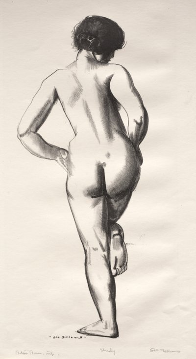 Nakstudier, flicka som står på ett ben av George Bellows