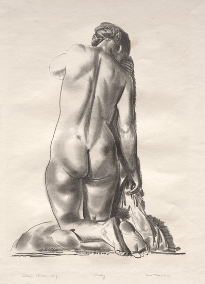Nakenstudie, kvinna knäböjande på en kudde av George Bellows
