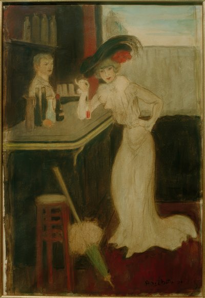 Kvinna med parasoll vid baren av George Bottini