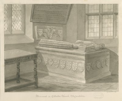 Ellastone Church - Monument till Sir John Fleetwood: sepiateckning, 1841 av George Buckler