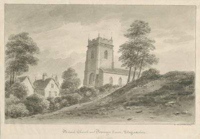 Milwich kyrka och prästgård: sepiatvättteckning av George Buckler