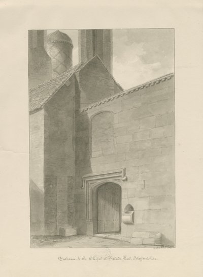 Pillaton Hall - Kapell Entré: sepia ritning av George Buckler