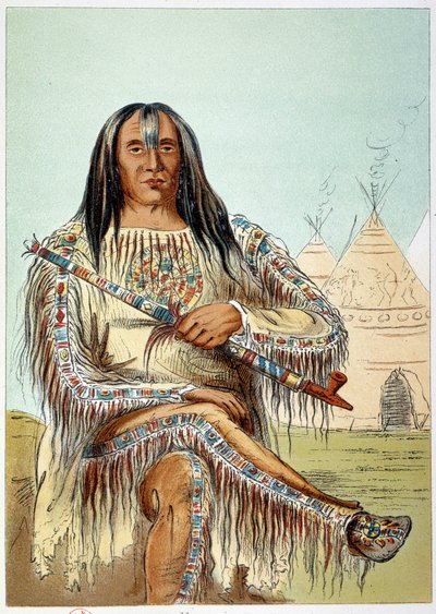 Amerikanska indianer: Porträtt av en ledare för svartfotsstammen (svarta fötter) i åldern cirka 50. Illustration av George Catlin (1794-1872) av George Catlin