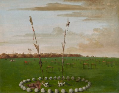 Bakifrån av Mandan Village, visar kyrkogården, 1832. av George Catlin