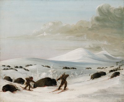 Buffalo Chase i snödrivor, indianer som förföljer på snöskor av George Catlin